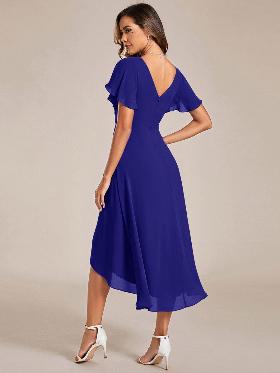 Chic V Neck High-Low Short Sleeve Wedding Guest Dress #color_Sapphire Blue