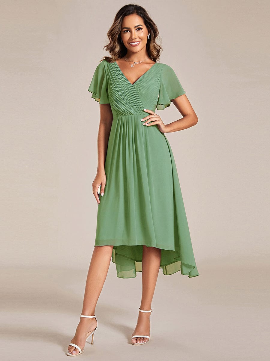 Chic V Neck High-Low Short Sleeve Wedding Guest Dress #color_Sage Green