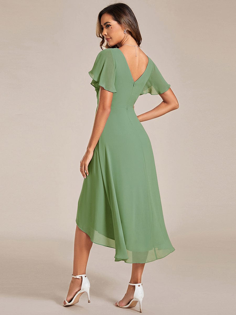 Chic V Neck High-Low Short Sleeve Wedding Guest Dress #color_Sage Green