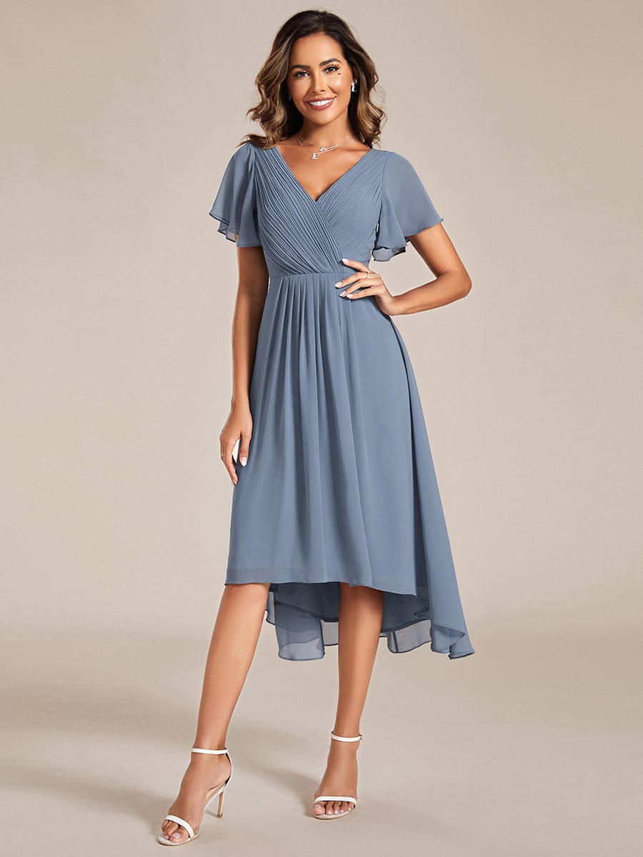 Chic V Neck High-Low Short Sleeve Wedding Guest Dress #color_Slate Blue