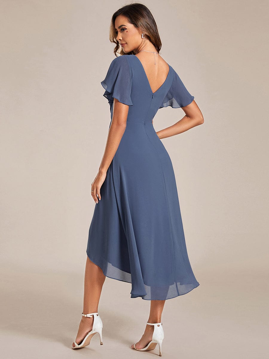 Chic V Neck High-Low Short Sleeve Wedding Guest Dress #color_Stormy