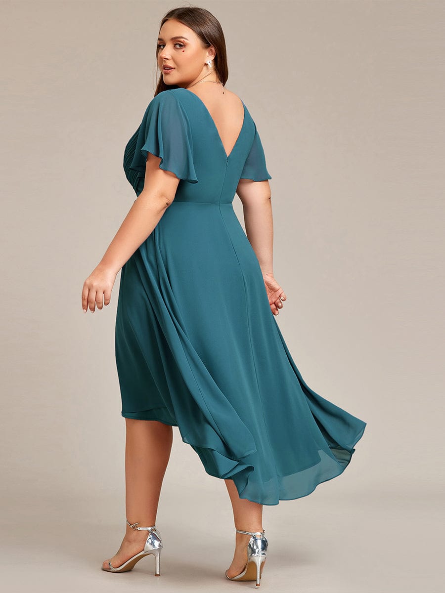 Chic V Neck High-Low Wedding Guest Dress #color_Teal