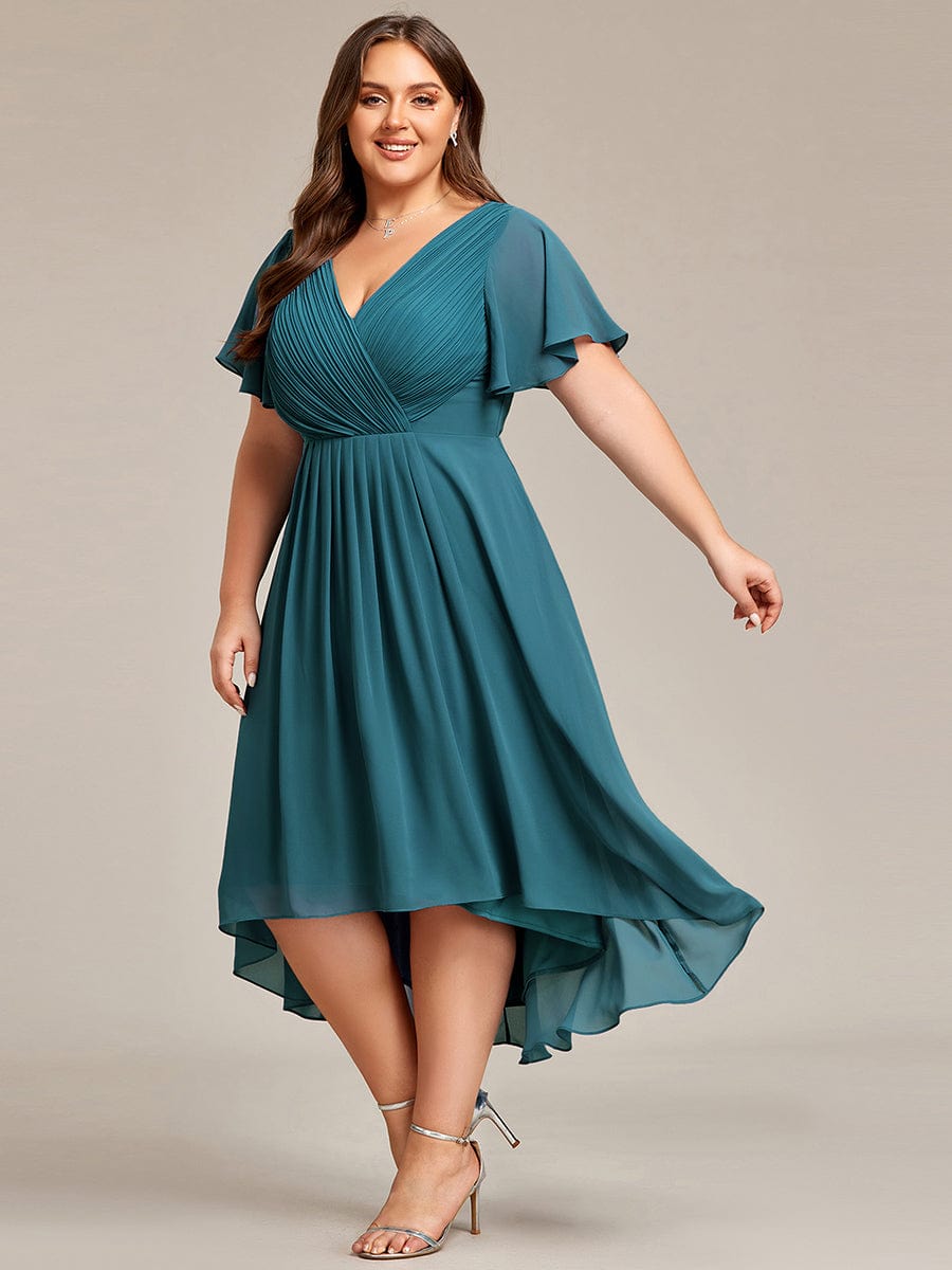 Custom Size Chic V Neck High-Low Wedding Guest Dress #color_Teal