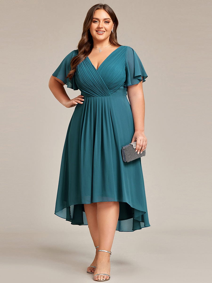 Chic V Neck High-Low Wedding Guest Dress #color_Teal