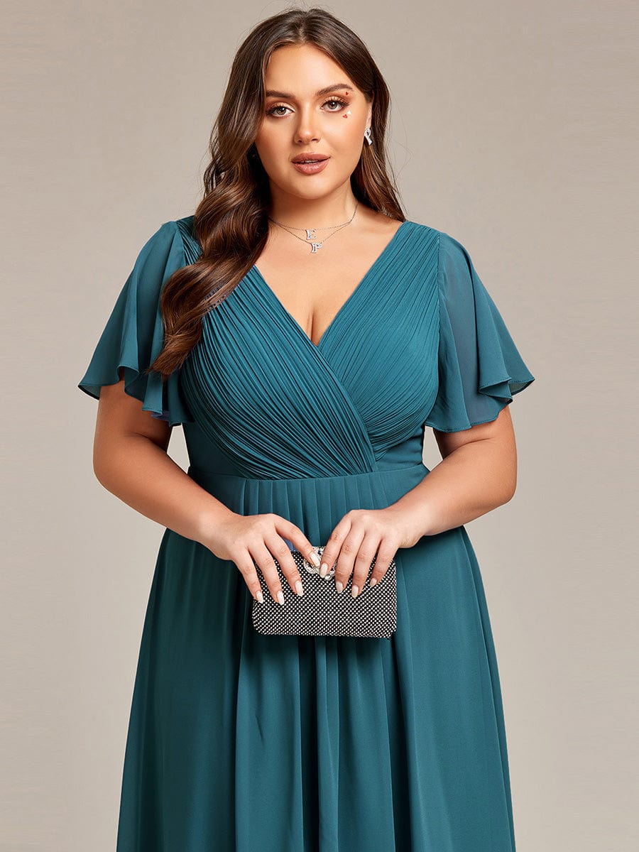 Chic V Neck High-Low Wedding Guest Dress #color_Teal