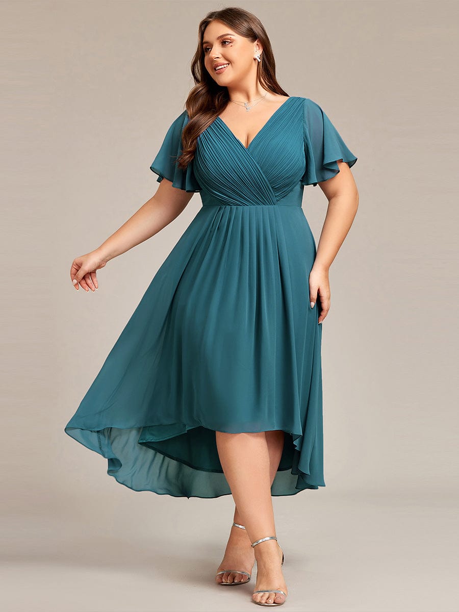 Custom Size Chic V Neck High-Low Wedding Guest Dress #color_Teal