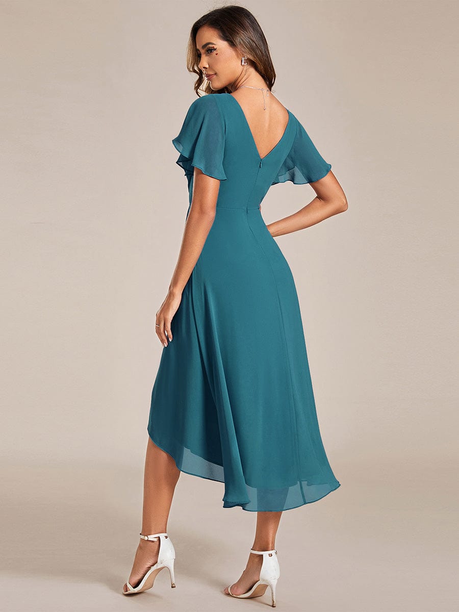 Chic V Neck High-Low Wedding Guest Dress #color_Teal