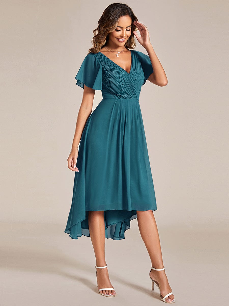 Chic V Neck High-Low Wedding Guest Dress #color_Teal