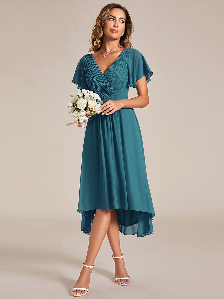 Chic V Neck High-Low Wedding Guest Dress #color_Teal