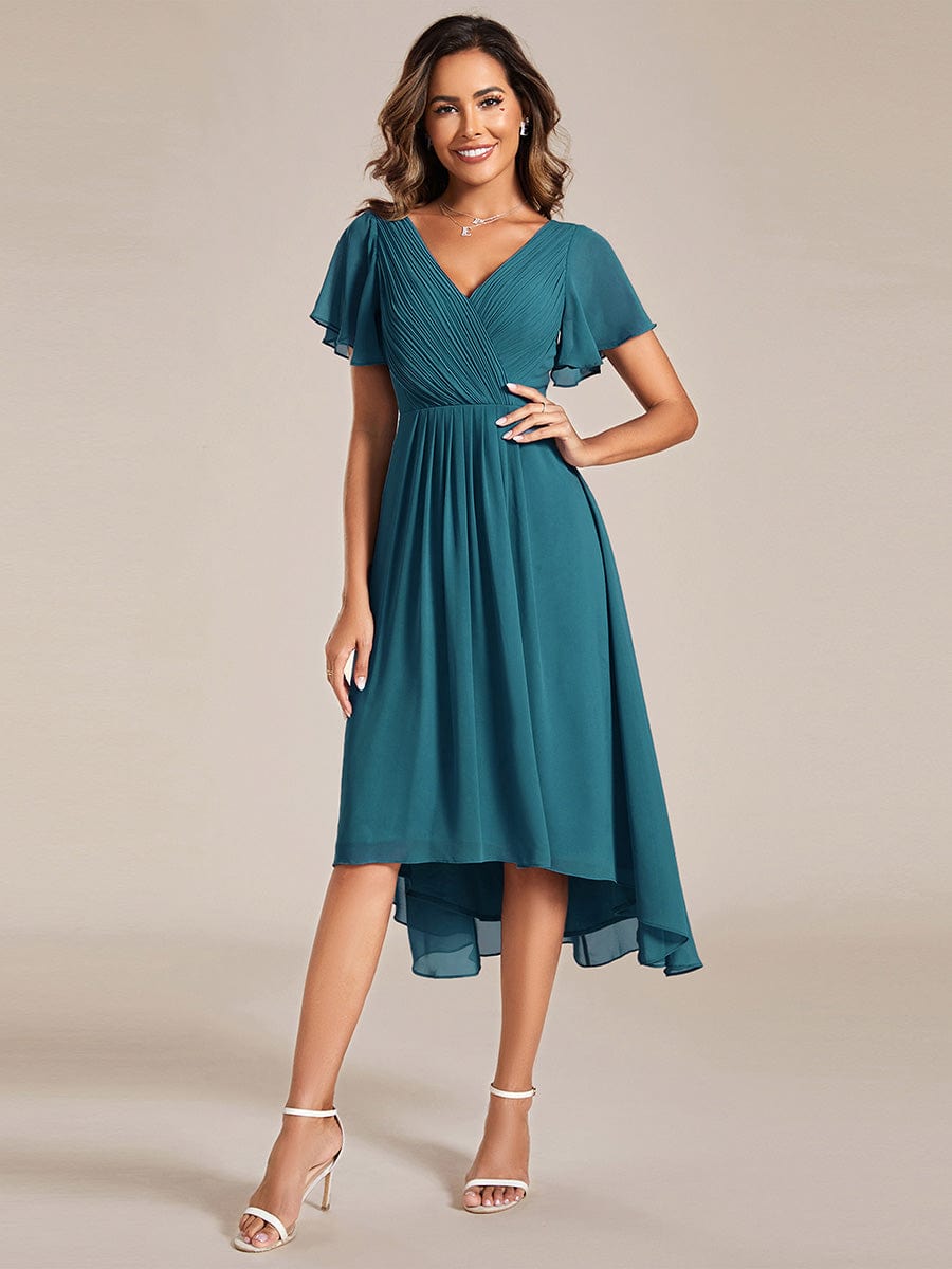 Chiffon Pleated V Neck High-Low Bridesmaid Dress #color_Teal