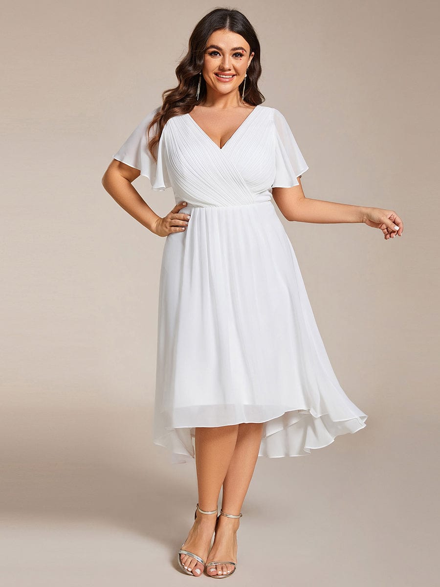 Chiffon Pleated V Neck High-Low Bridesmaid Dress #color_White