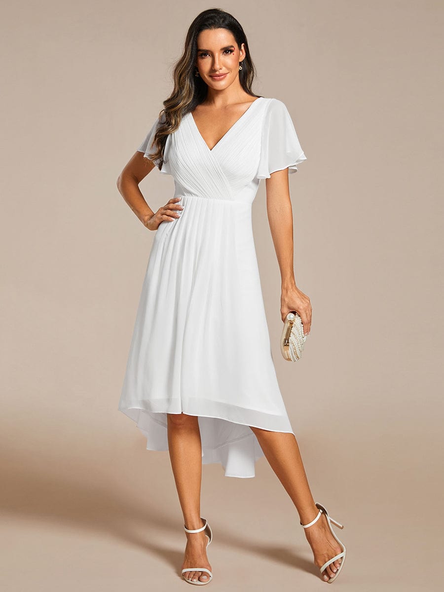 Custom Size Chic V Neck High-Low Wedding Guest Dress #color_White