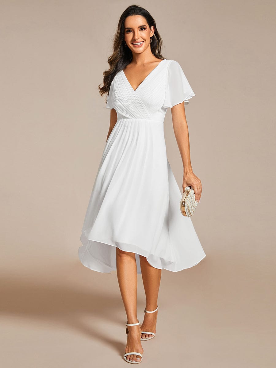 Chiffon Pleated V Neck High-Low Bridesmaid Dress #color_White