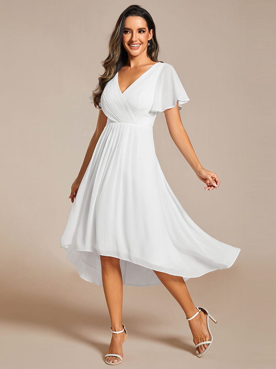 Custom Size Chic V Neck High-Low Wedding Guest Dress #color_White