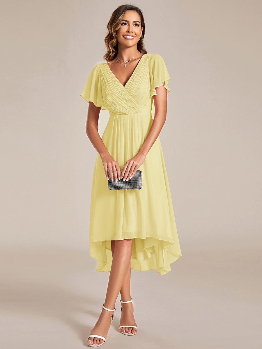 Chic V Neck High-Low Short Sleeve Wedding Guest Dress #color_Yellow