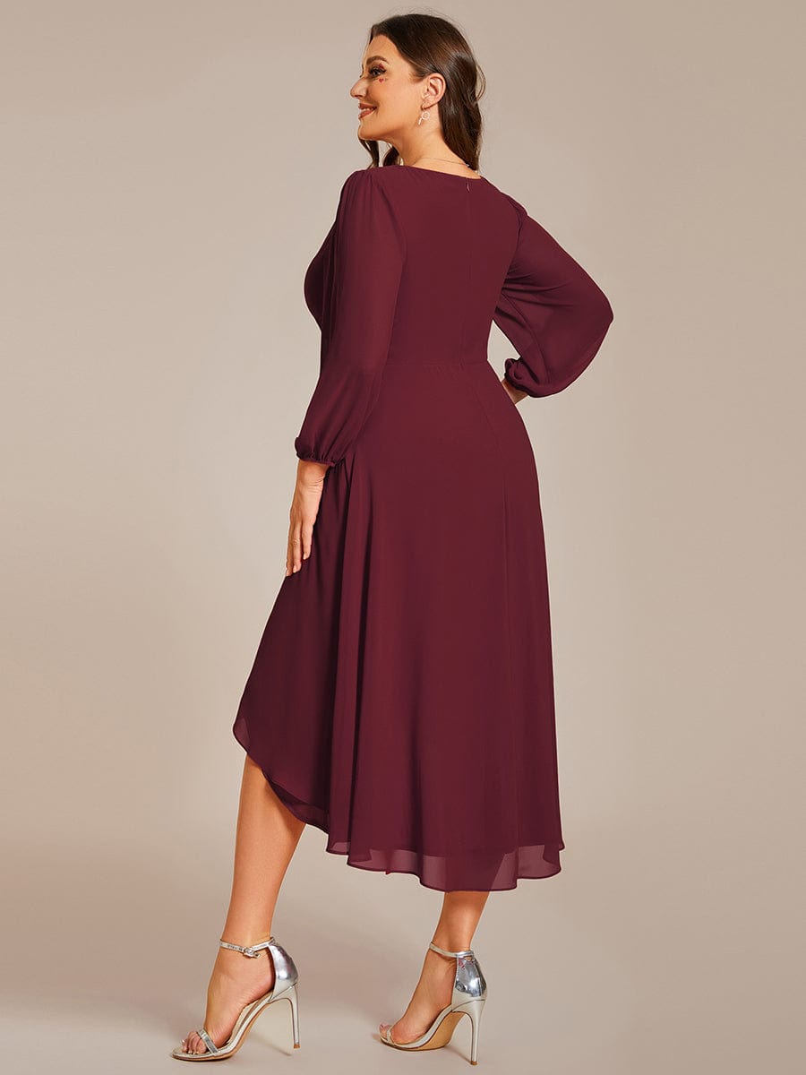 Custom Size Elegant Long Sleeve V-Neck High Low Chiffon Wedding Guest Dress #color_Burgundy