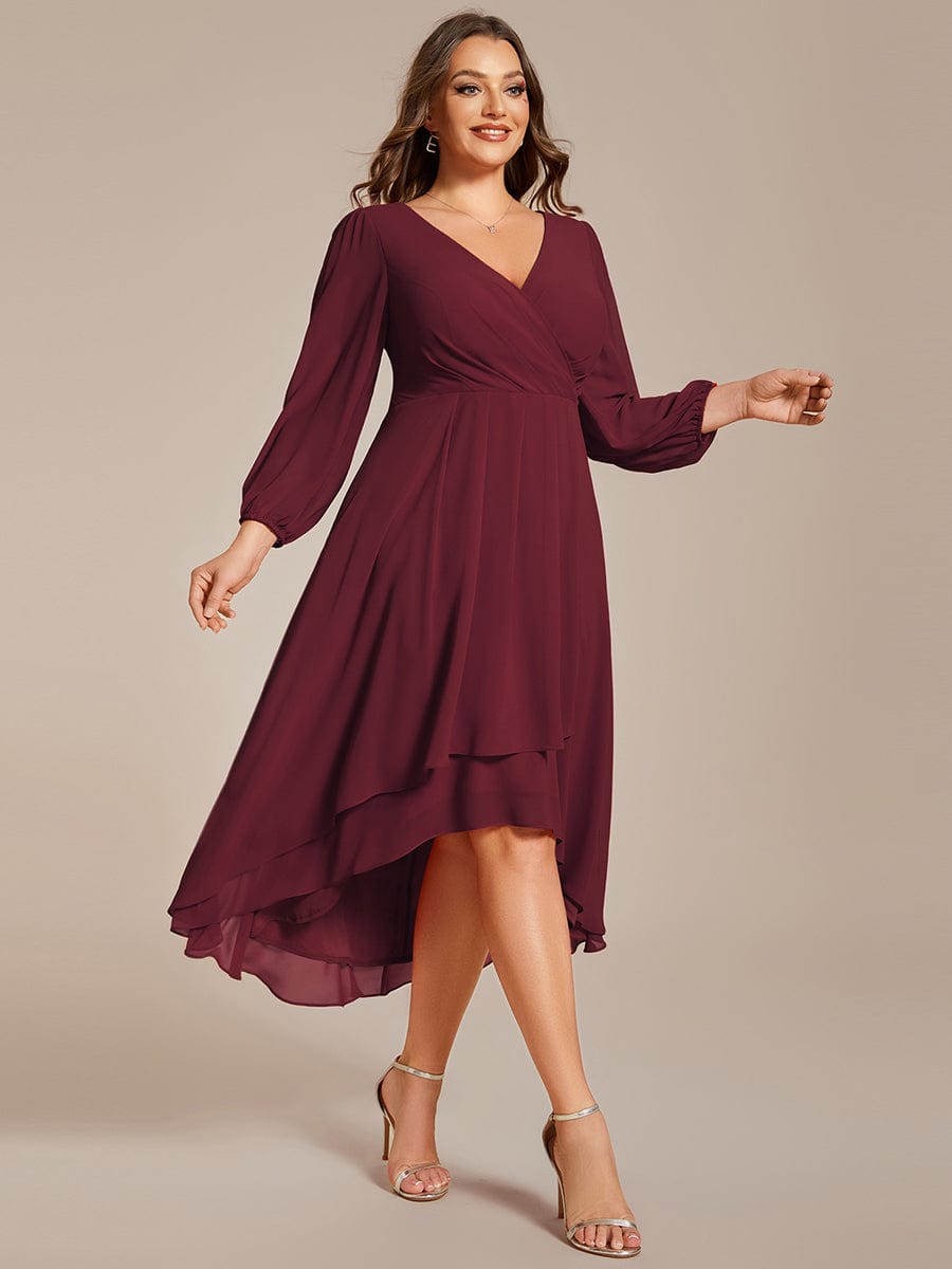 Plus Size Long Sleeve V-Neck Chiffon High Low Wedding Guest Dress #color_Burgundy