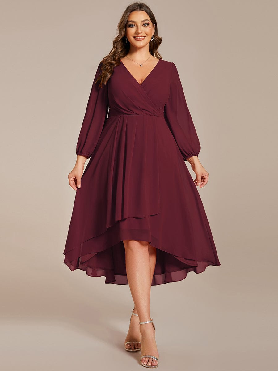 Plus Size Long Sleeve V-Neck Chiffon High Low Wedding Guest Dress #color_Burgundy