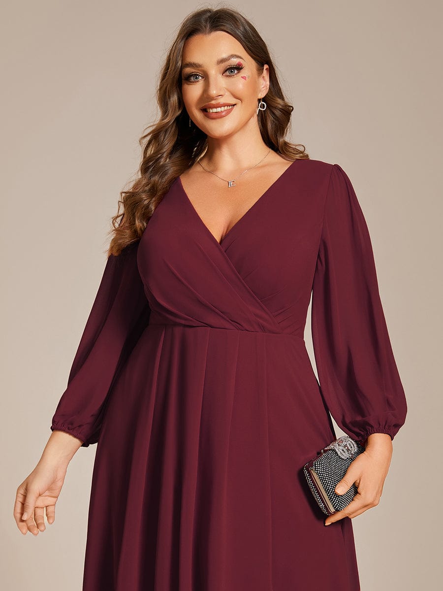 Plus Size Long Sleeve V-Neck Chiffon High Low Wedding Guest Dress #color_Burgundy