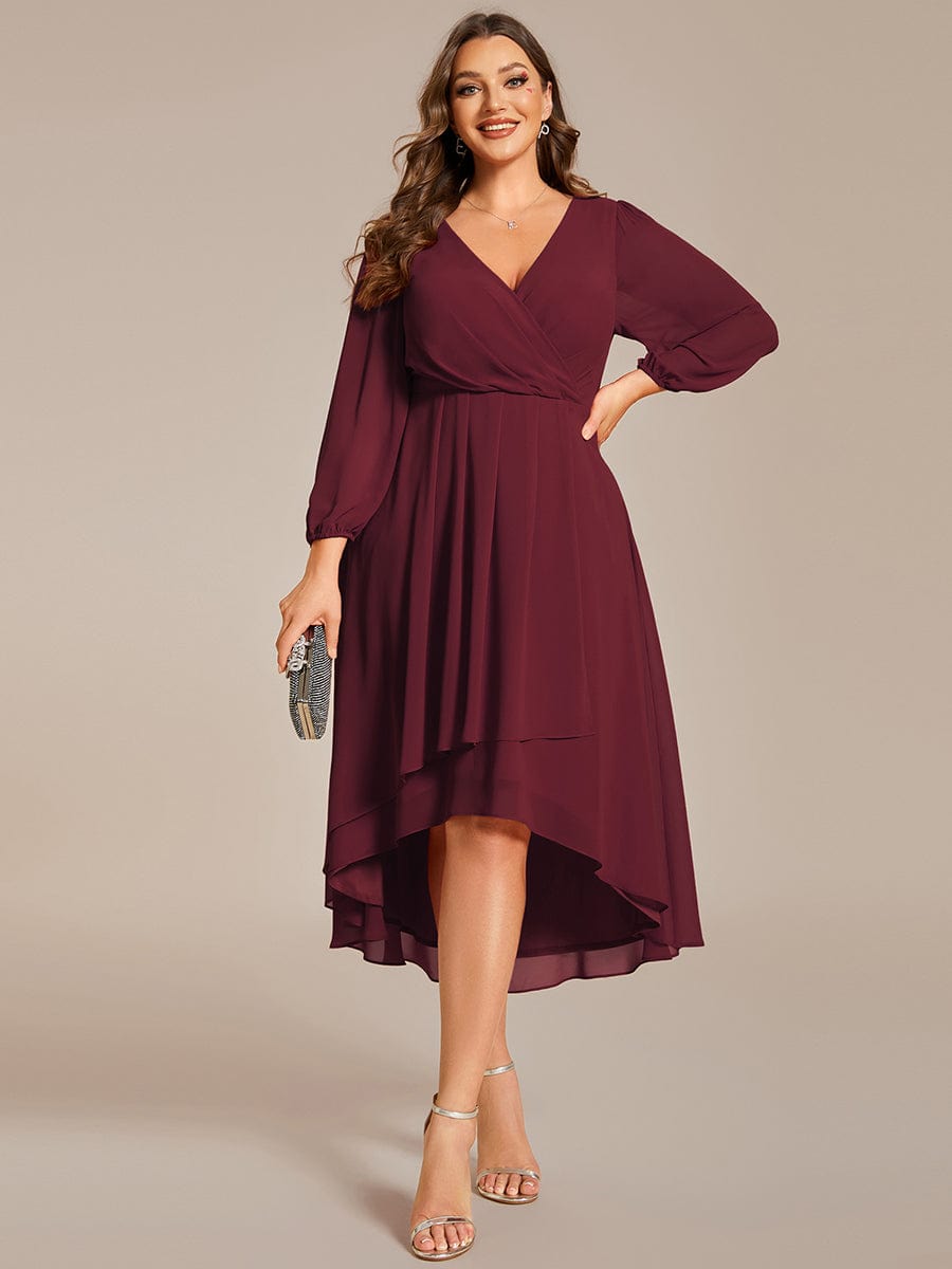 Elegant Long Sleeve V-Neck High Low Chiffon Wedding Guest Dress #color_Burgundy