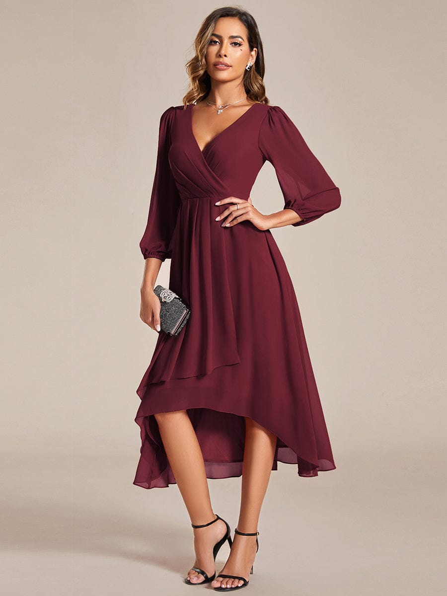 Custom Size Elegant Long Sleeve V-Neck High Low Chiffon Wedding Guest Dress #color_Burgundy