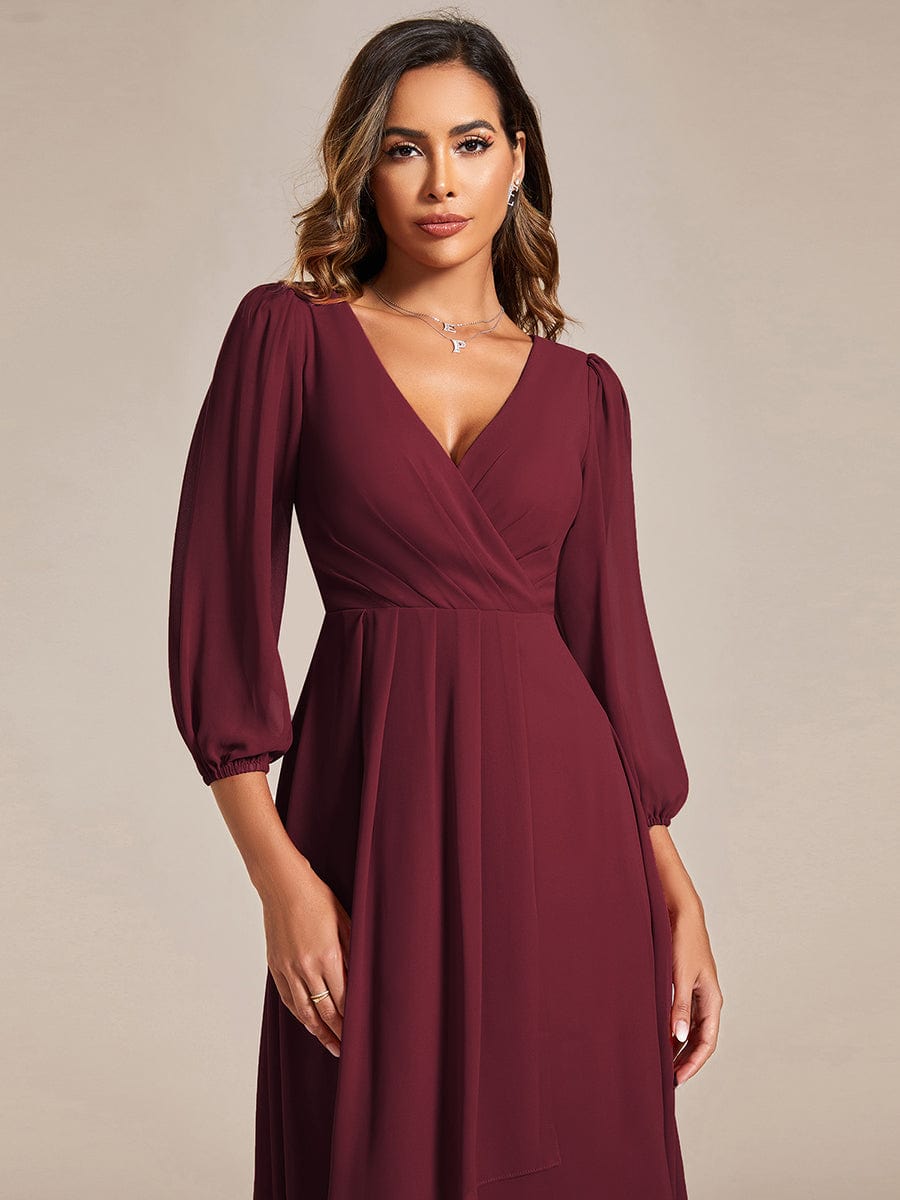 Elegant Long Sleeve V-Neck High Low Chiffon Wedding Guest Dress #color_Burgundy