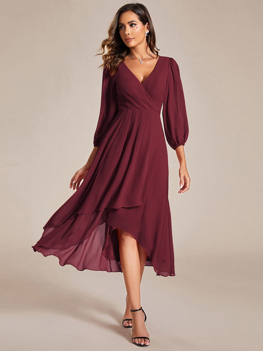 Custom Size Elegant Long Sleeve V-Neck High Low Chiffon Wedding Guest Dress #color_Burgundy