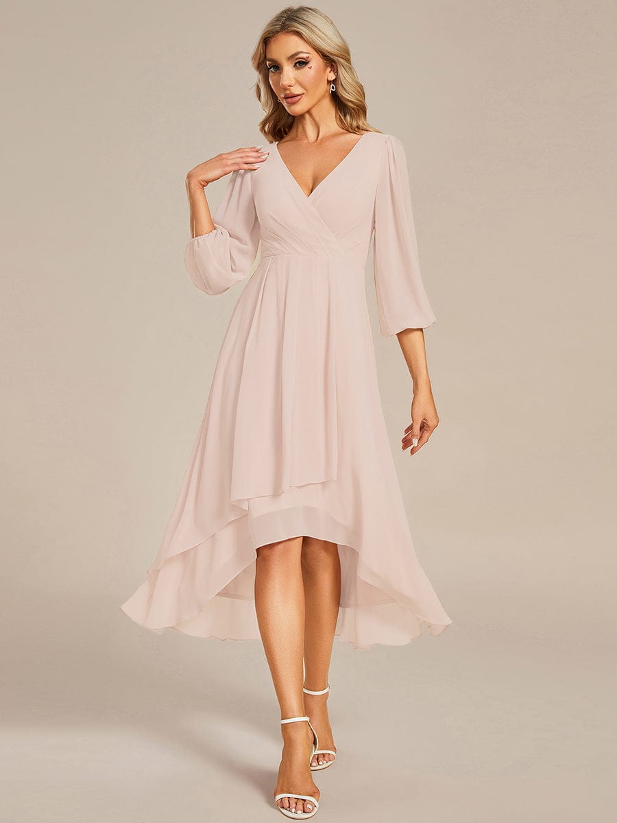 Elegant Long Sleeve V-Neck High Low Chiffon Wedding Guest Dress #color_Blush