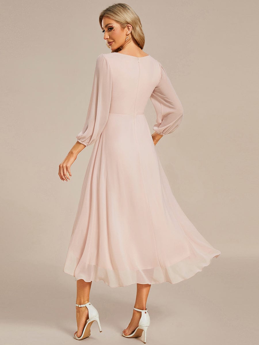 Elegant Long Sleeve V-Neck High Low Chiffon Wedding Guest Dress #color_Blush