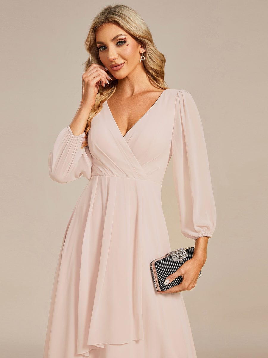 Elegant Long Sleeve V-Neck High Low Chiffon Wedding Guest Dress #color_Blush