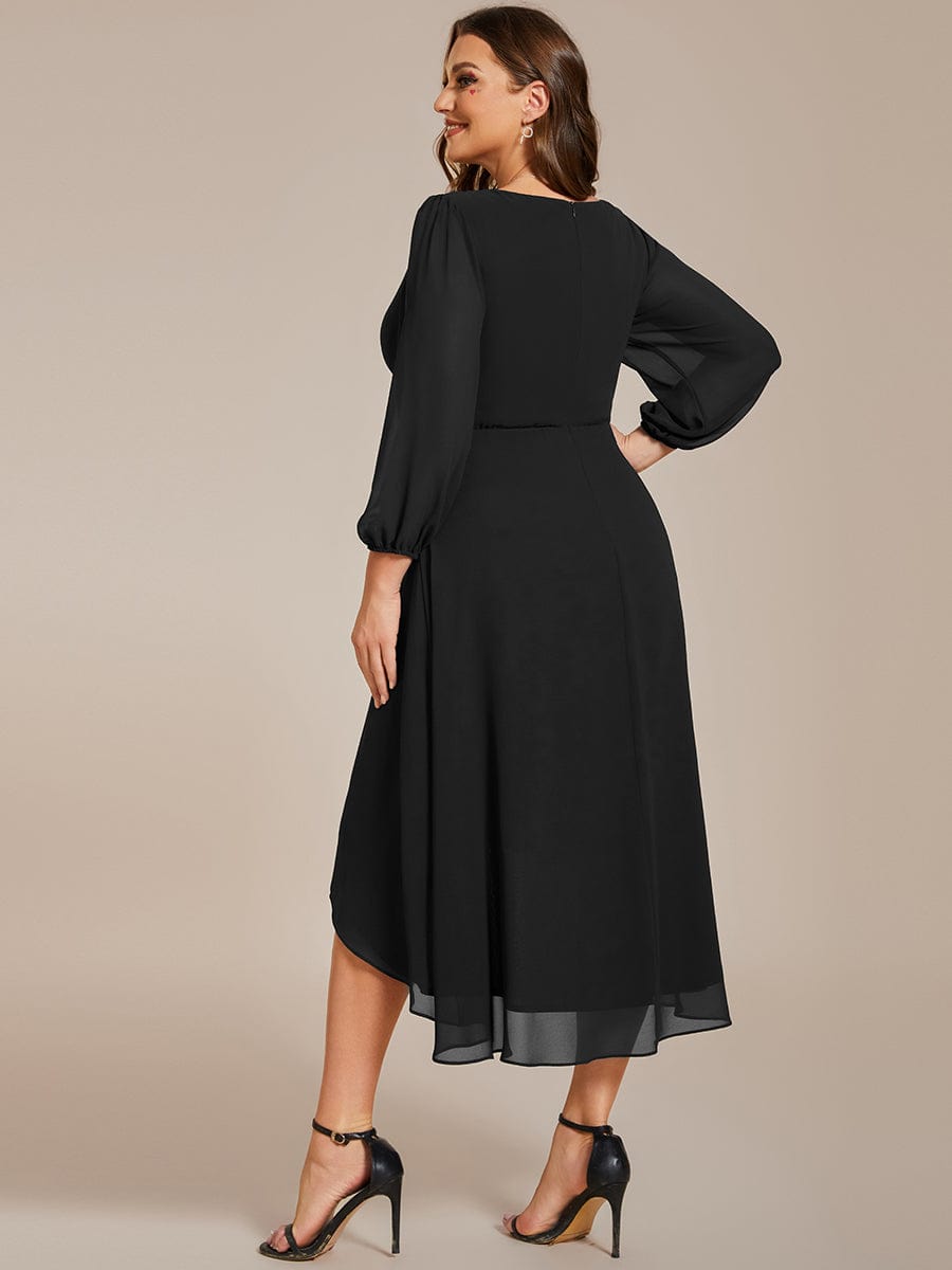 Elegant Long Sleeve V-Neck High Low Chiffon Wedding Guest Dress #color_Black