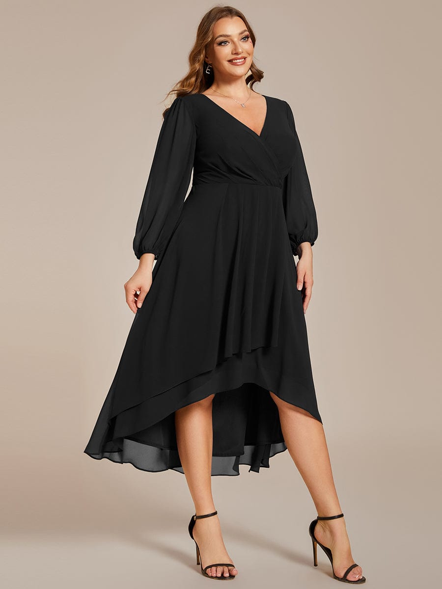 Plus Size Long Sleeve V-Neck Chiffon High Low Wedding Guest Dress #color_Black