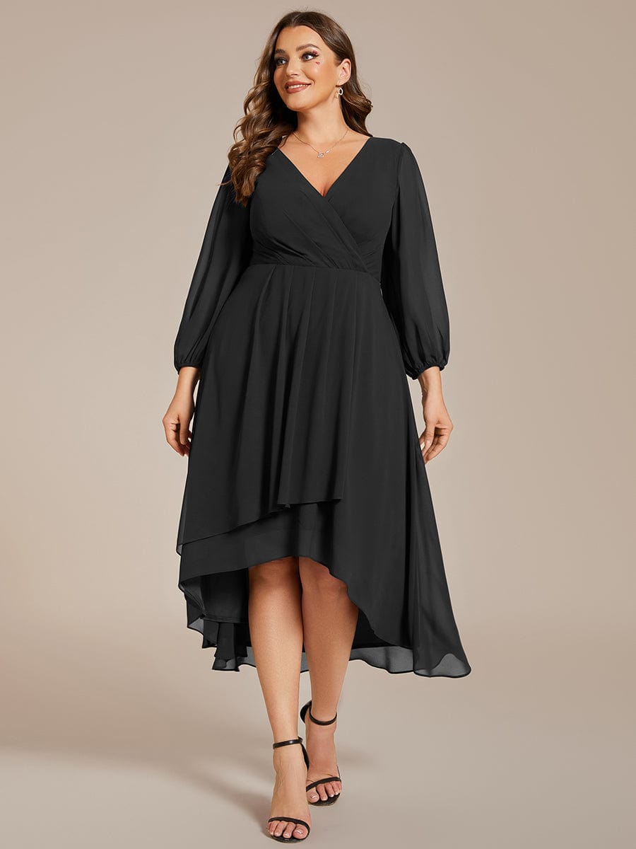 Plus Size Long Sleeve V-Neck Chiffon High Low Wedding Guest Dress #color_Black