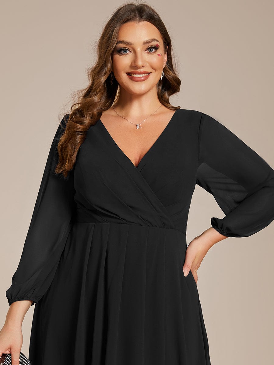 Plus Size Long Sleeve V-Neck Chiffon High Low Wedding Guest Dress #color_Black