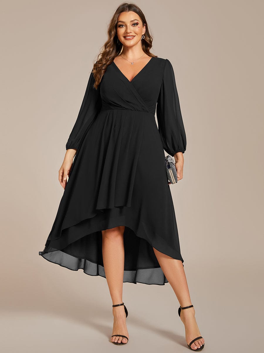 Custom Size Elegant Long Sleeve V-Neck High Low Chiffon Wedding Guest Dress #color_Black