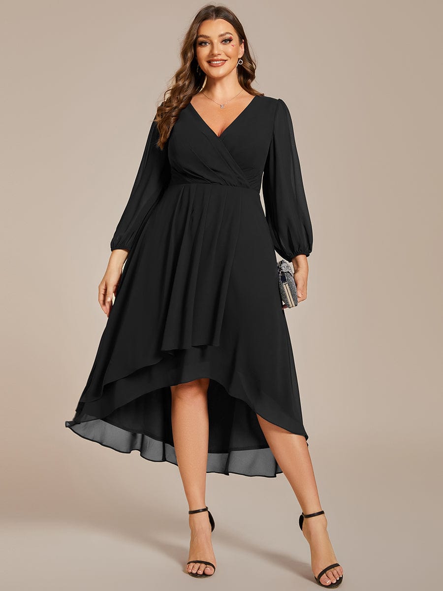 Elegant Long Sleeve V-Neck High Low Chiffon Wedding Guest Dress #color_Black