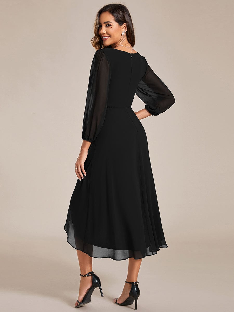 Custom Size Elegant Long Sleeve V-Neck High Low Chiffon Wedding Guest Dress #color_Black