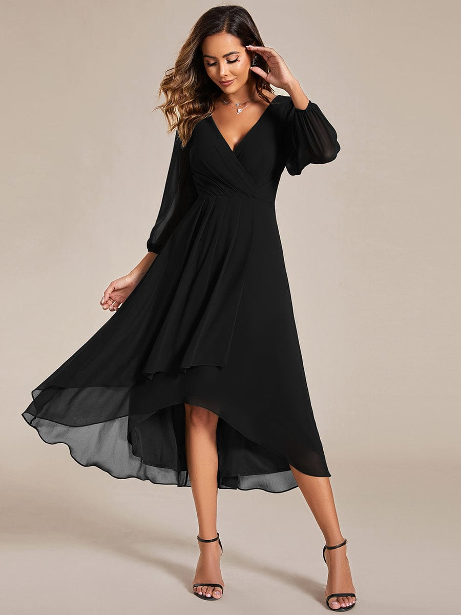 Elegant Long Sleeve V-Neck High Low Chiffon Wedding Guest Dress #color_Black