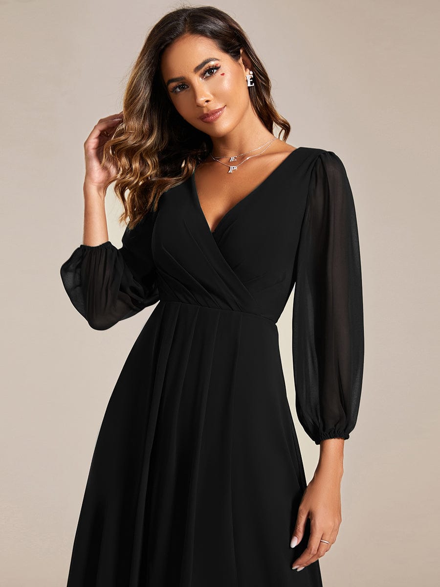 Elegant Long Sleeve V-Neck High Low Chiffon Wedding Guest Dress #color_Black