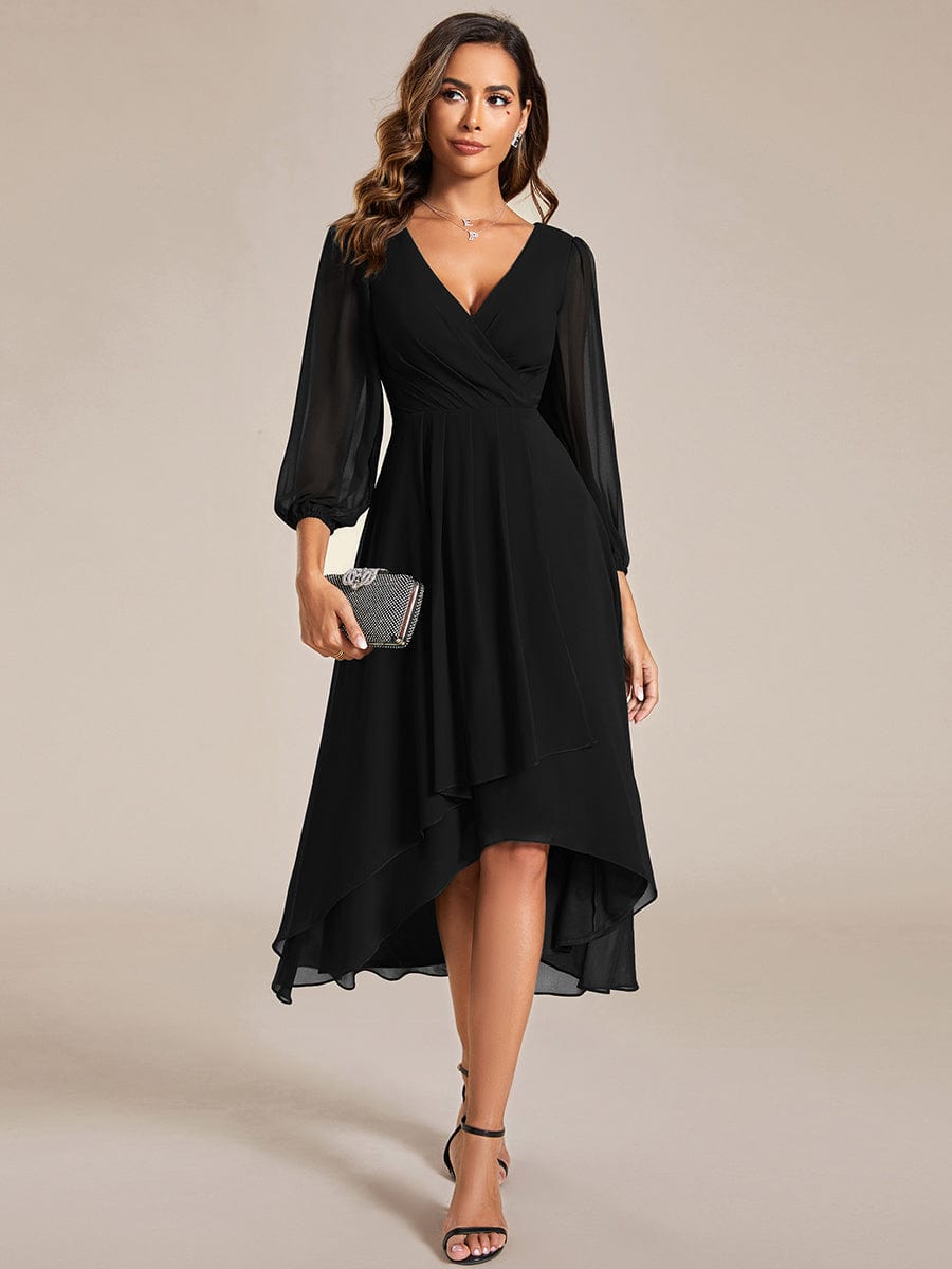 Custom Size Elegant Long Sleeve V-Neck High Low Chiffon Wedding Guest Dress #color_Black