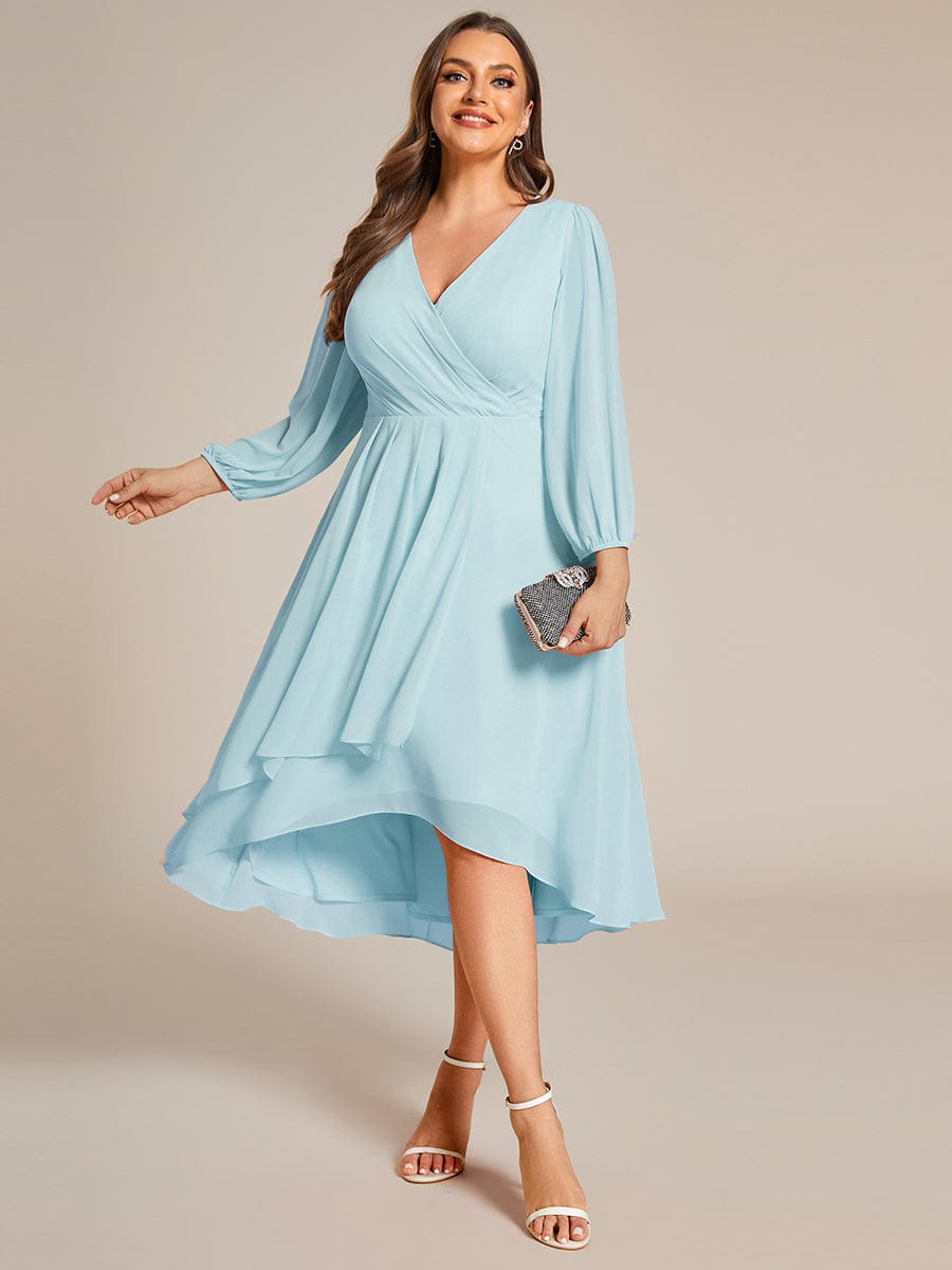 Chiffon Long Sleeve V-Neck High-Low Wedding Guest Dress #color_Sky Blue