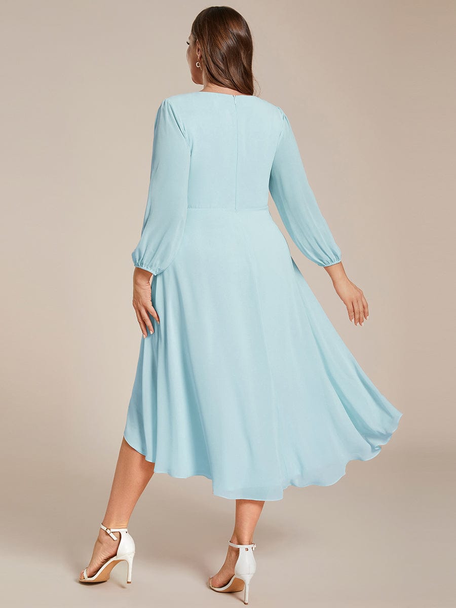 Chiffon Long Sleeve V-Neck High-Low Wedding Guest Dress #color_Sky Blue