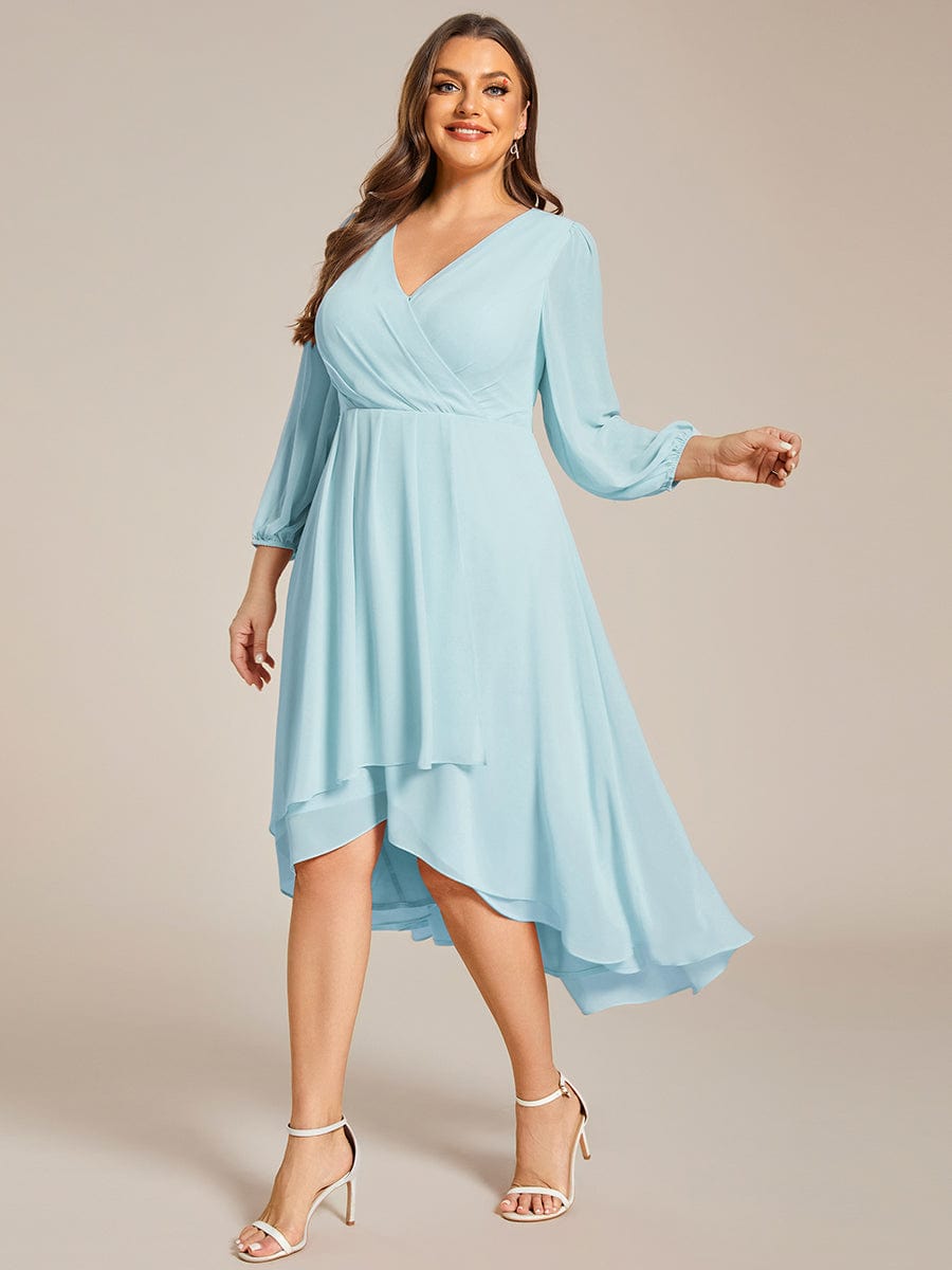 Chiffon Long Sleeve V-Neck High-Low Wedding Guest Dress #color_Sky Blue