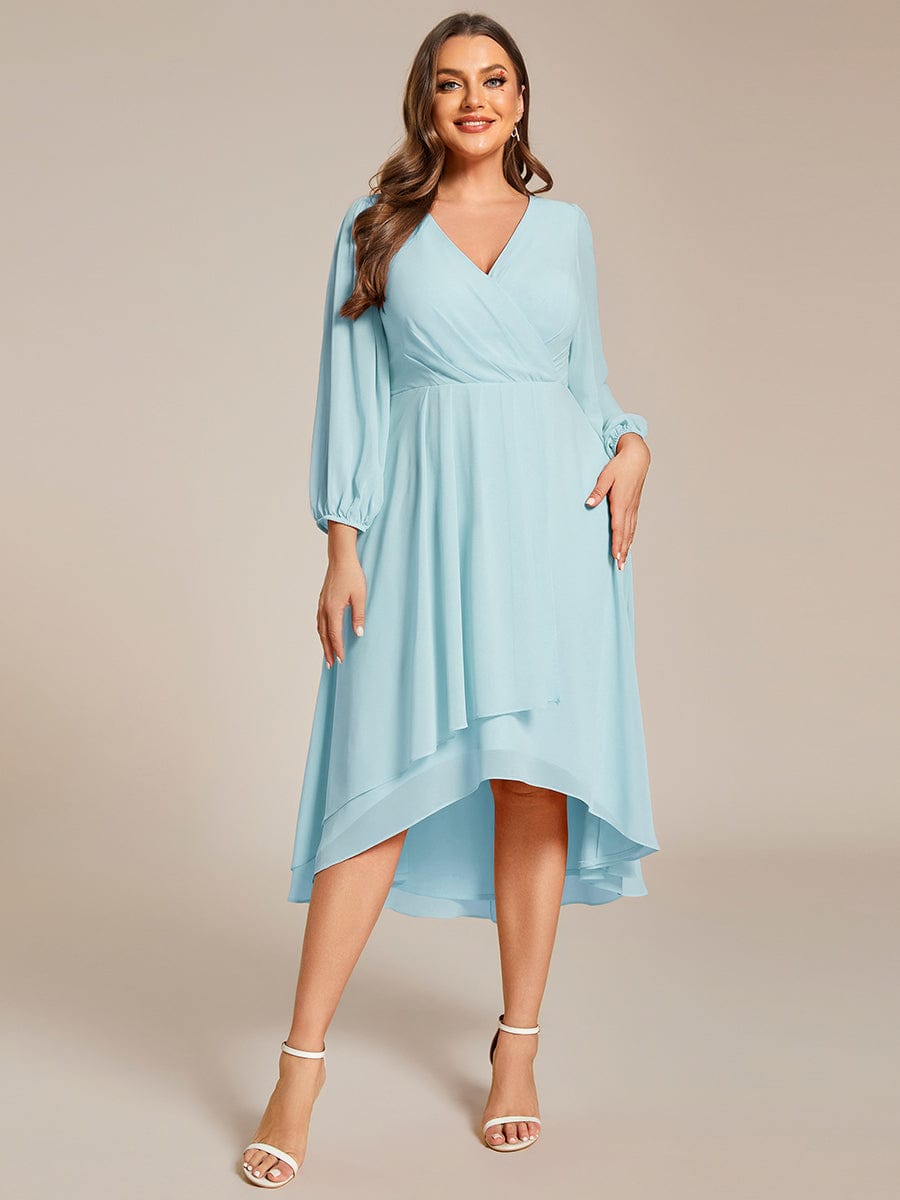 Chiffon Long Sleeve V-Neck High-Low Wedding Guest Dress #color_Sky Blue