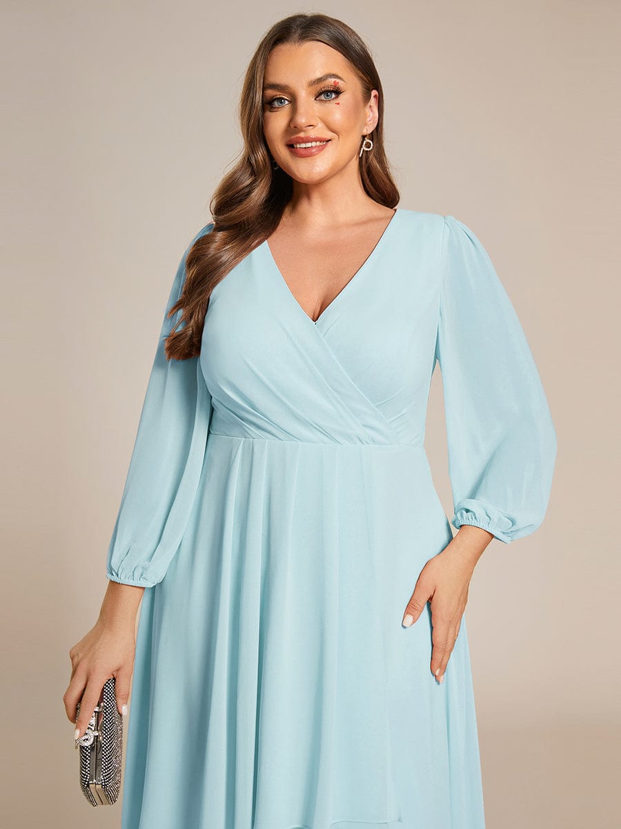 Chiffon Long Sleeve V-Neck High-Low Wedding Guest Dress #color_Sky Blue