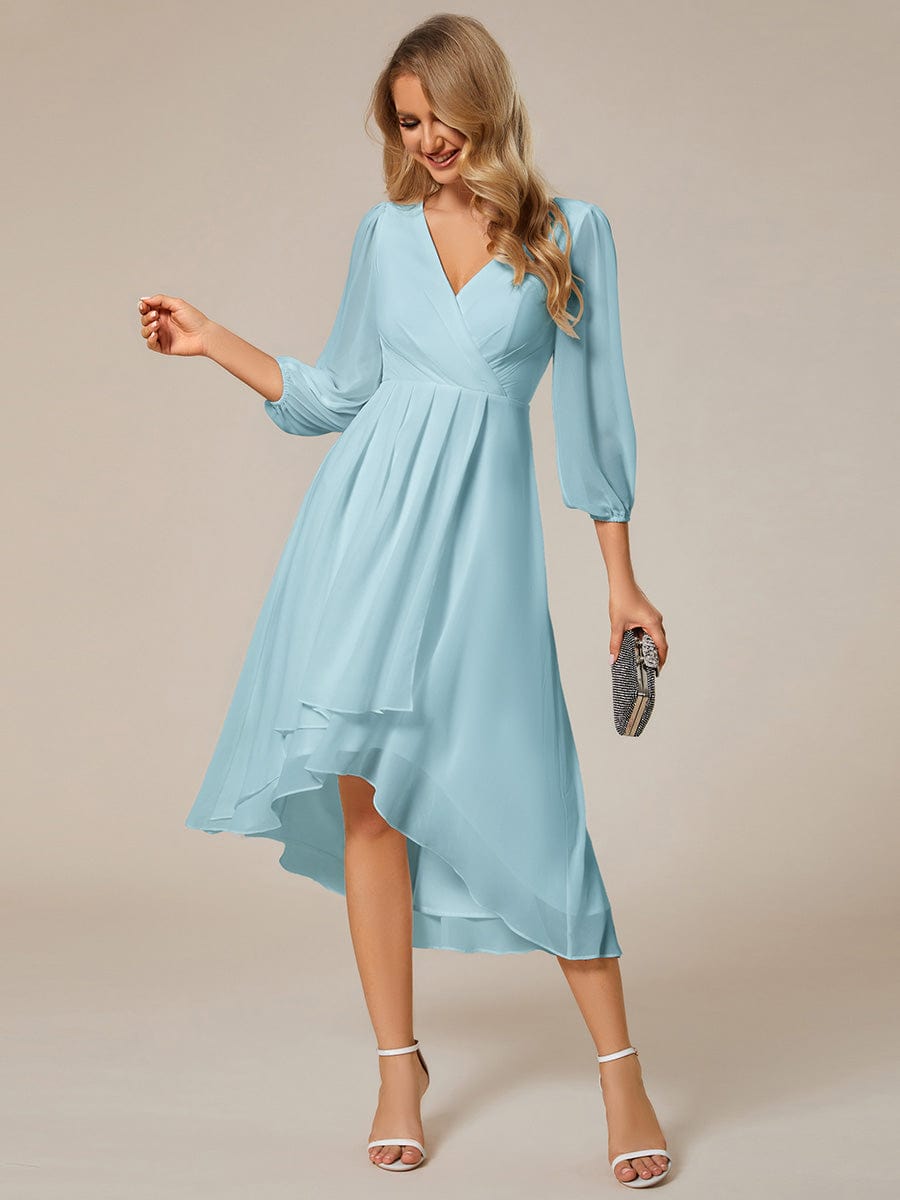 Chiffon Long Sleeve V-Neck High-Low Wedding Guest Dress #color_Sky Blue