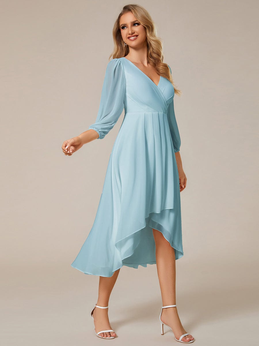 Chiffon Long Sleeve V-Neck High-Low Wedding Guest Dress #color_Sky Blue