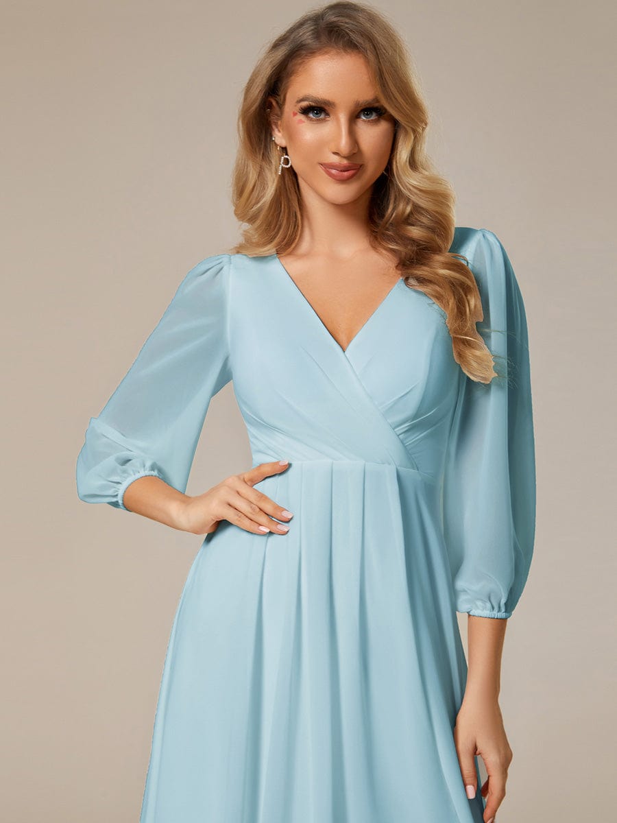 Chiffon Long Sleeve V-Neck High-Low Wedding Guest Dress #color_Sky Blue