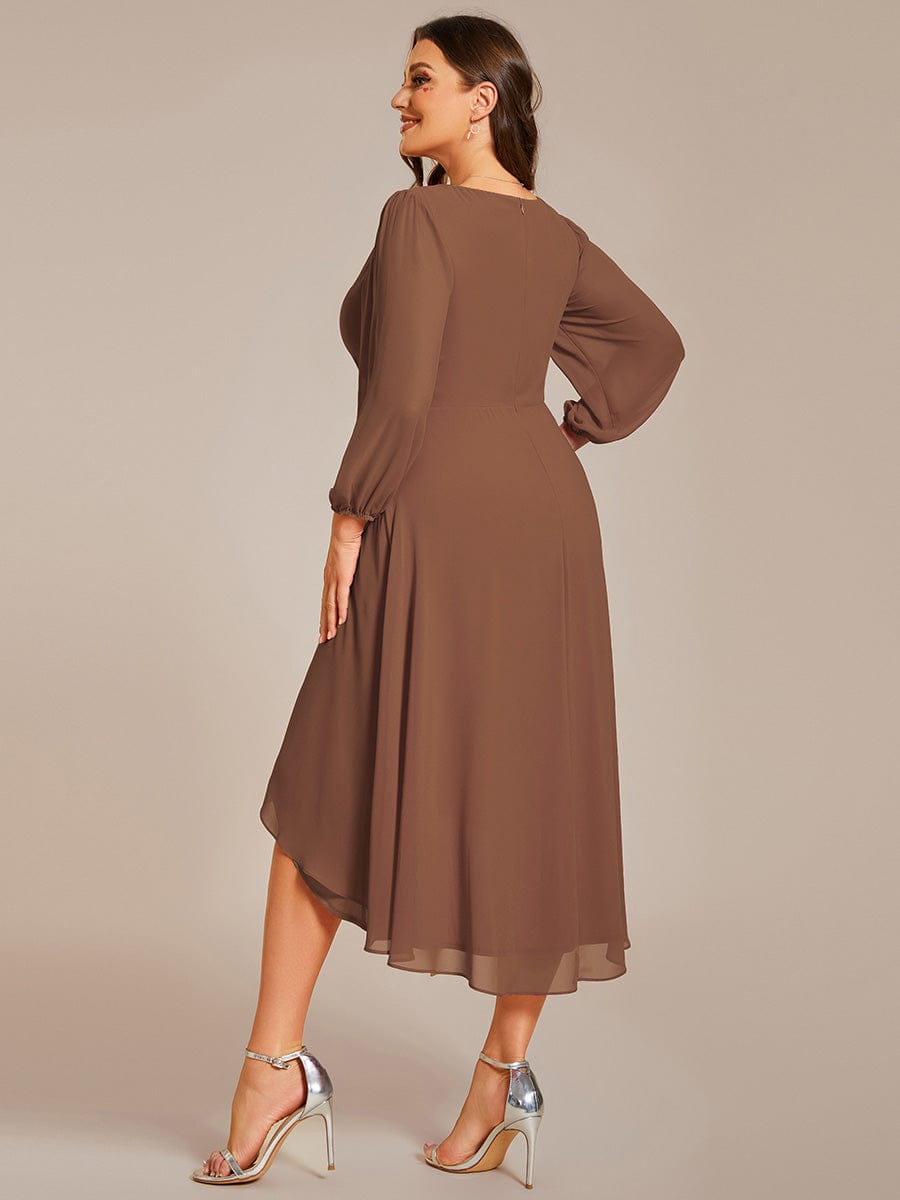 Elegant Long Sleeve V-Neck High Low Chiffon Wedding Guest Dress #color_Brown