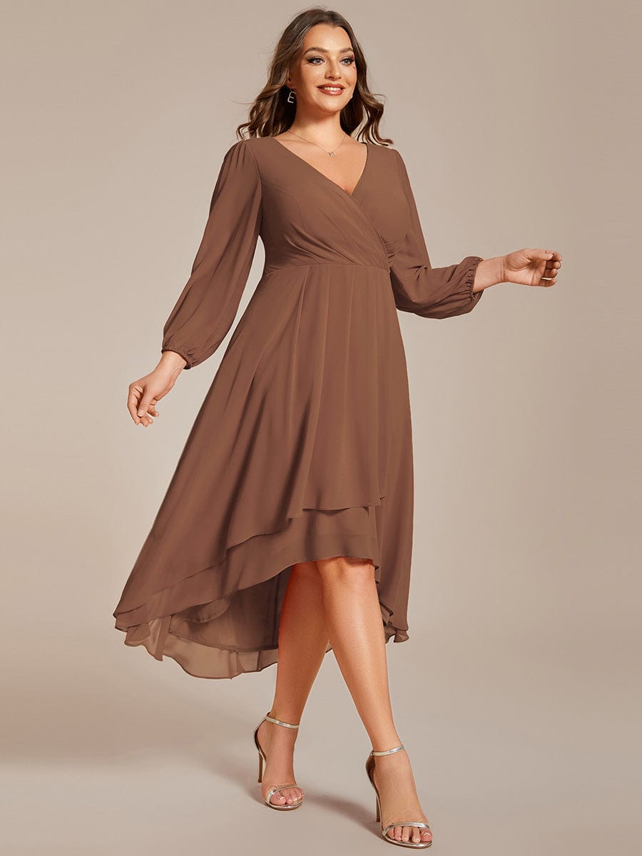 Custom Size Elegant Long Sleeve V-Neck High Low Chiffon Wedding Guest Dress #color_Brown